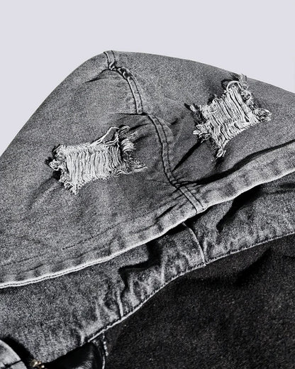 Washed Frayed Patchwork Contrast Hooded Jacket WN27864