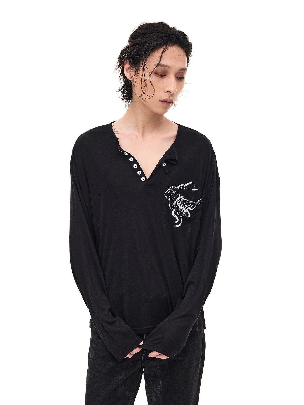 Merino Tencel Soft Henley Neck Long Sleeve T-Shirt WN26682