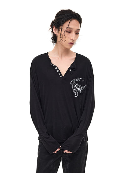Merino Tencel Soft Henley Neck Long Sleeve T-Shirt WN26682
