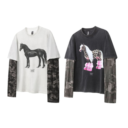 Leopard Horse Print Fake Layered Long Sleeve T-Shirt WN25784