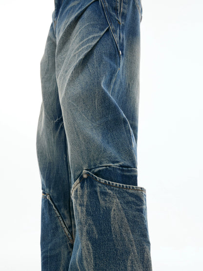 Heavy Wash Crack Patchwork Design Wide Leg Denim Jeans WN18409