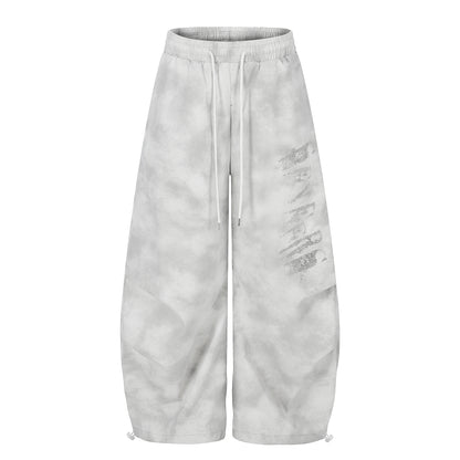 Washed Letter Print Drawstring Wide Leg Pants WN25389