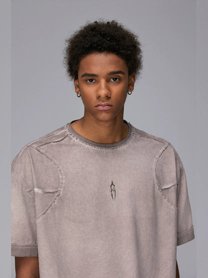Raw Edge Panel Design Washed Oversize Short Sleeve T-Shirt WN17797