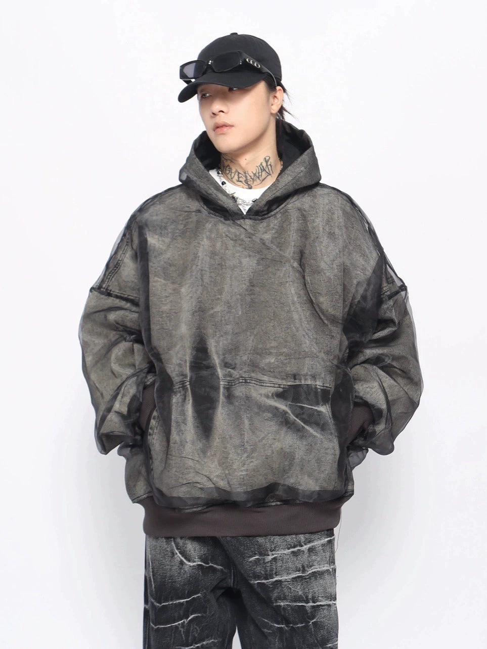 Mesh Layered Washed Denim Hoodie WN10907