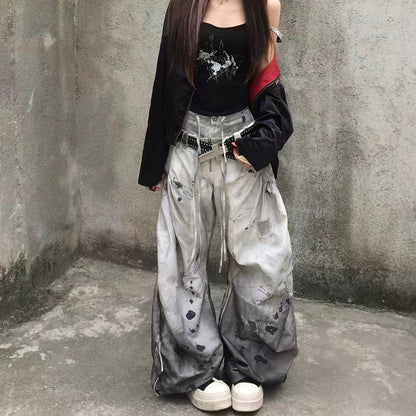 Gradient Washed Damage Double-Waist Wide Leg Pants WN25617