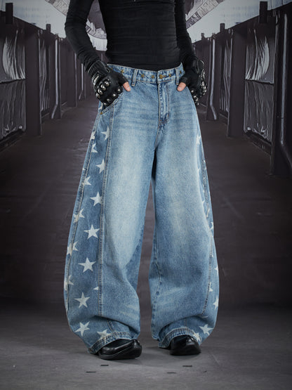 Star Print Washed Damage Wide Leg Barrel Denim Jeans WN22917
