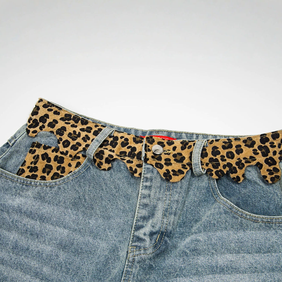 Leopard Print Damage Half Denim Jeans WN25462