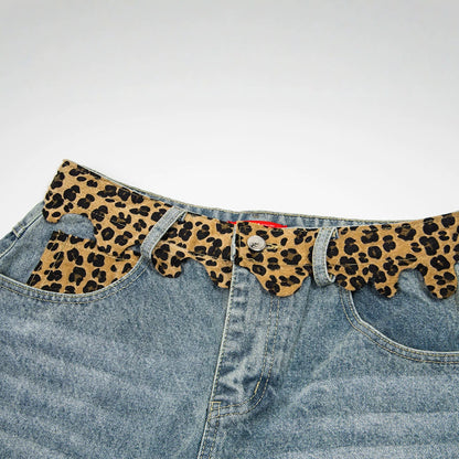 Leopard Print Damage Half Denim Jeans WN25462