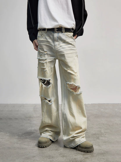 Hole Damage Pleats Straight Wide Leg Denim Jeans WN21175