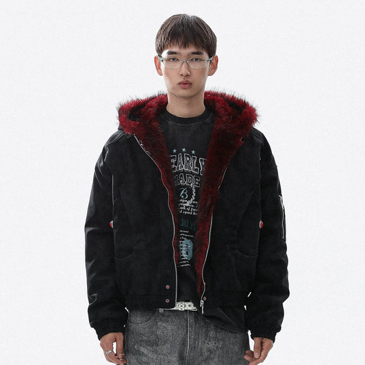 Colorblock Fake Fur-Collar Zipper Hooded Jacket WN22113