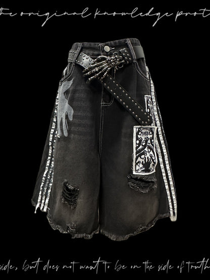 Stripe Damage Patch Denim Half Jeans & Skull Belt WN23792
