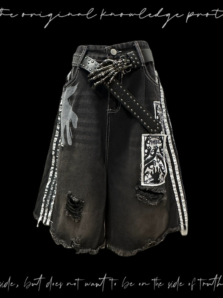 Side Stripe Damage Patch Wide Leg Half Denim Jeans & Skull Belt WN20106