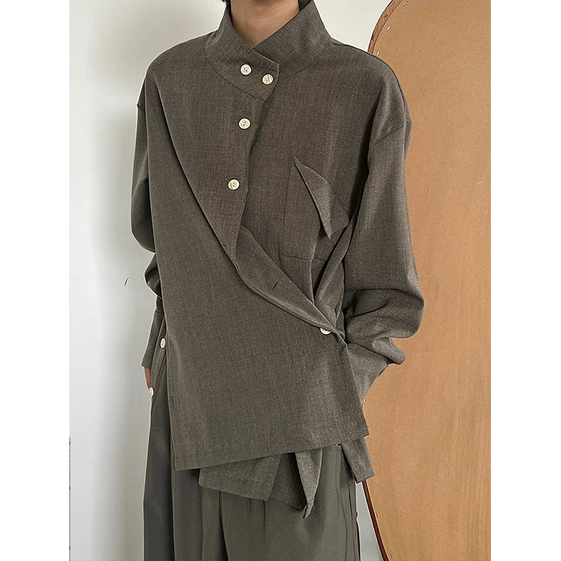 Standing-Collar Side Button Long Sleeve Shirt WN19953