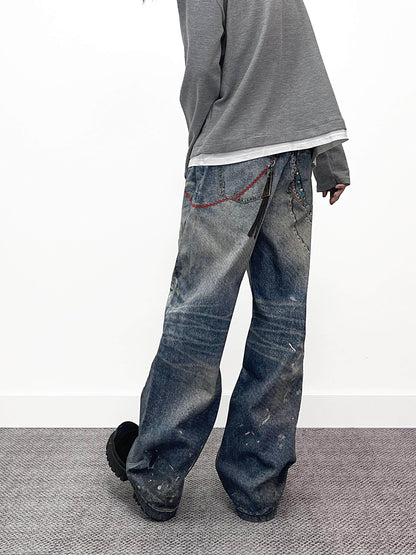 Chain Pendant Print Splatter Wash Wide Leg Denim Jeans WN24240