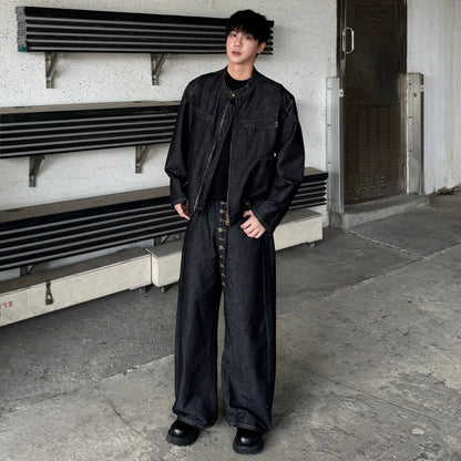 Standing-Collar Damage Wash Denim Jacket & Damage Wash Wide Leg Denim Jeans Setup WN25265