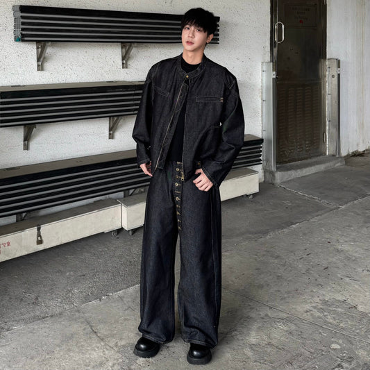 Standing-Collar Damage Wash Denim Jacket & Damage Wash Wide Leg Denim Jeans Setup WN25265