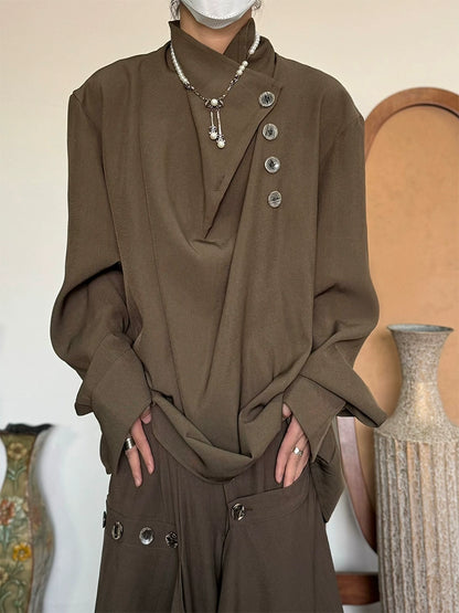 Standing-Collar Irregular Neckline Elegant Long Sleeve Shirt WN19983