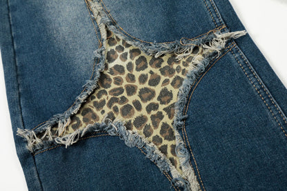 Leopard Print Cross Wide Leg Denim Jeans WN25579
