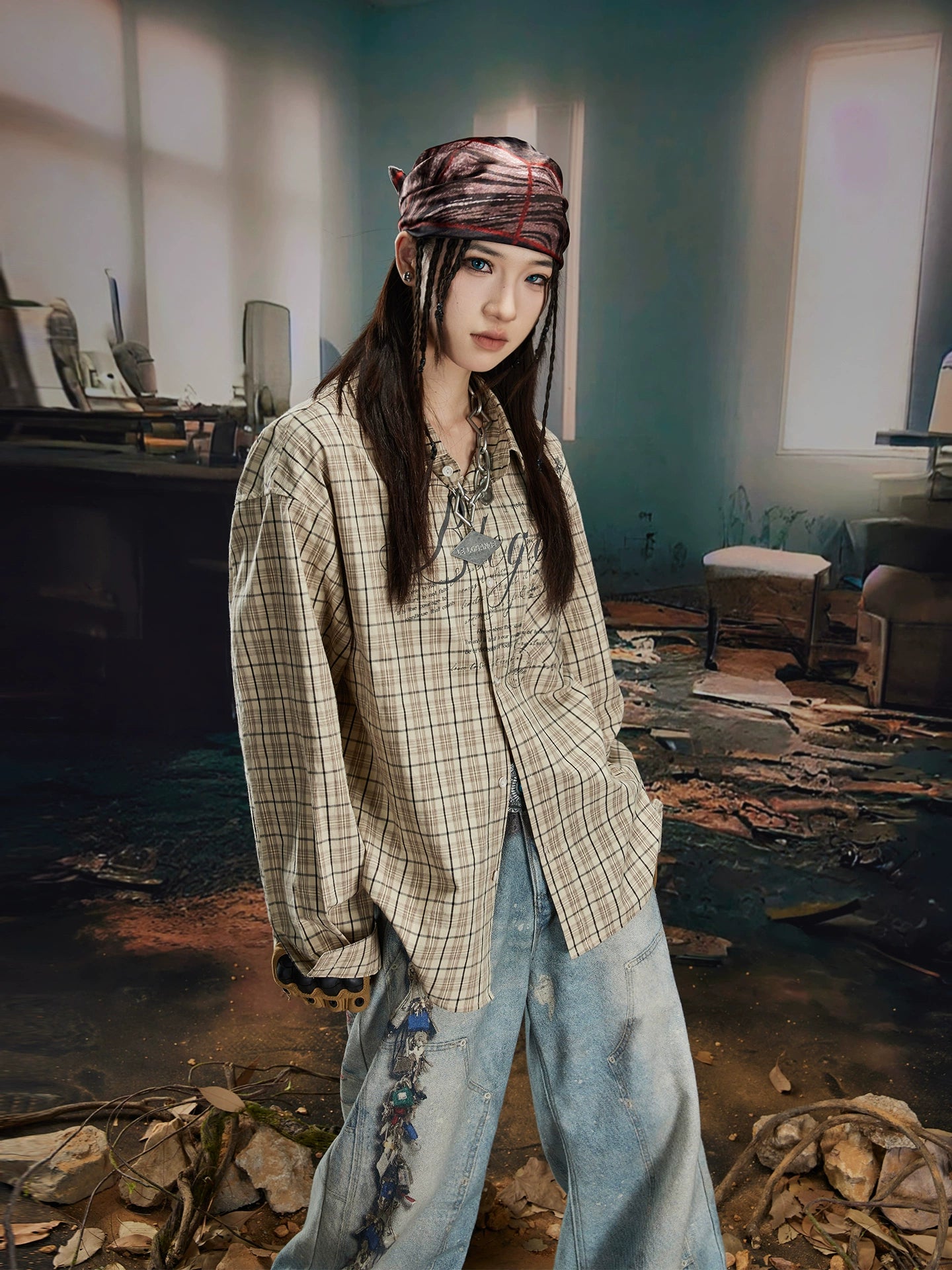 Print Oversize Plaid Long Sleeve Shirt WN20558