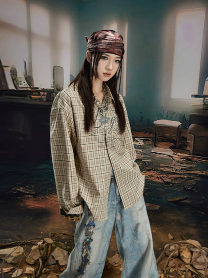 Print Oversize Plaid Long Sleeve Shirt WN20558