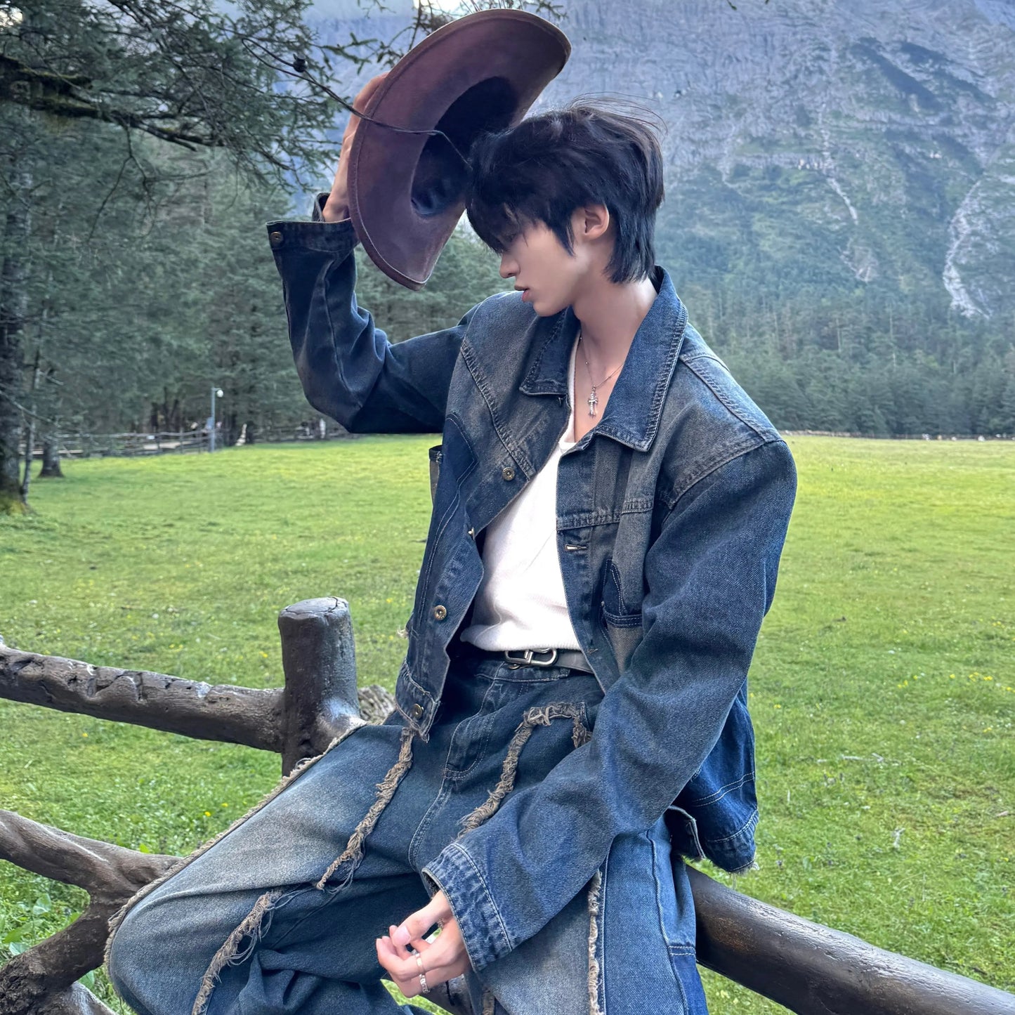 Washed Fringe Denim Jacket & Wide Leg Denim Jeans Setup WN20764