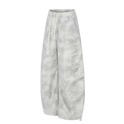 Washed Letter Print Drawstring Wide Leg Pants WN25389