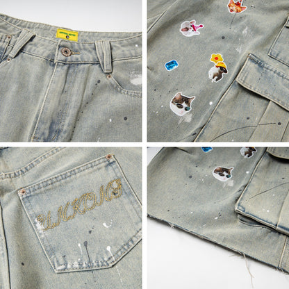Sticker Paint Cargo Half Denim Jeans WN26747