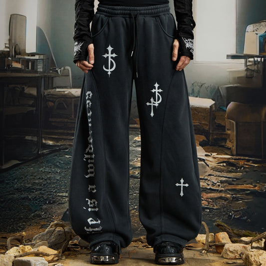 Washed Graphic Print Fleece Lining Sweat Pants WN22767