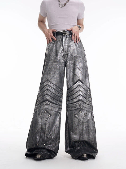 Silver Coated Deconstructed Wide-Leg Denim Jeans WN13227