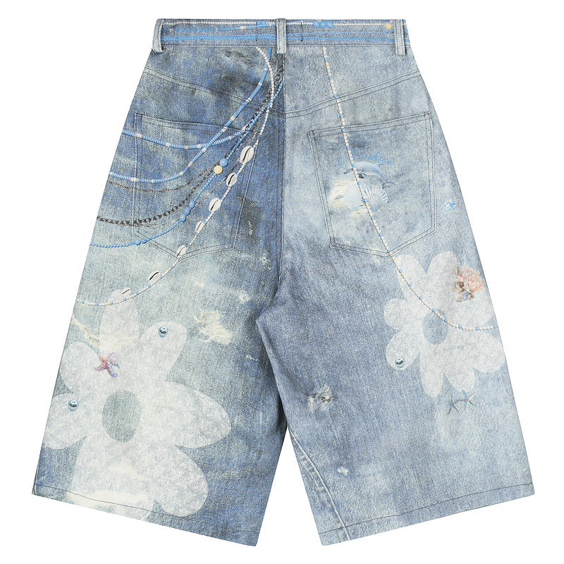 Floral Print Chain Cropped Denim Jeans WN23558