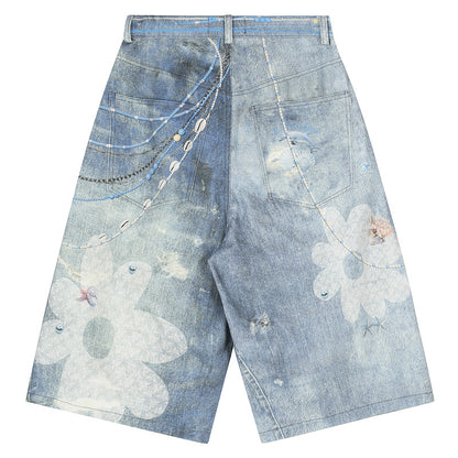 Floral Print Chain Cropped Denim Jeans WN23558