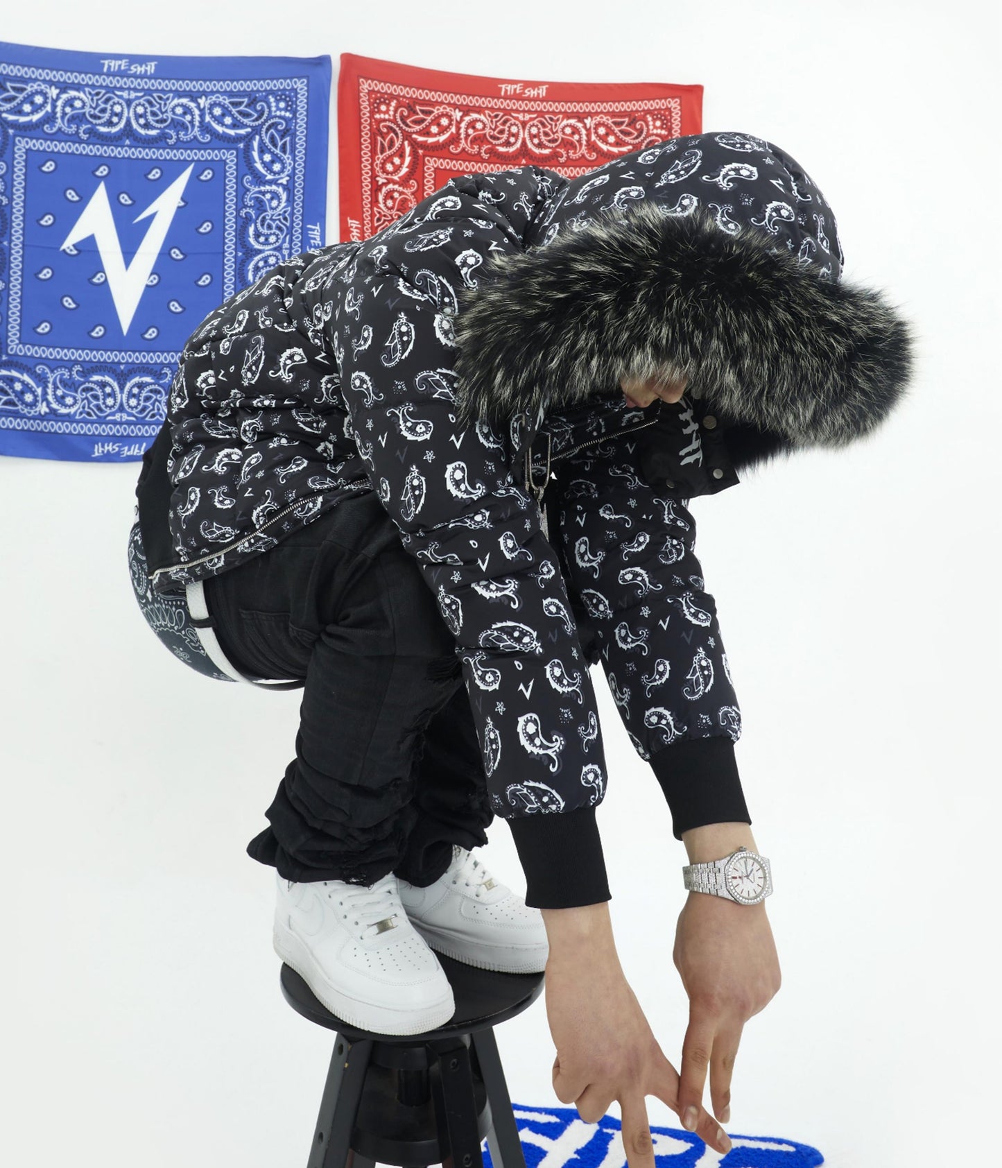 Paisley Hooded Fake Fur White Duck Down Jacket WN20991