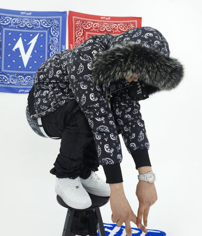 Paisley Hooded Fake Fur White Duck Down Jacket WN20991