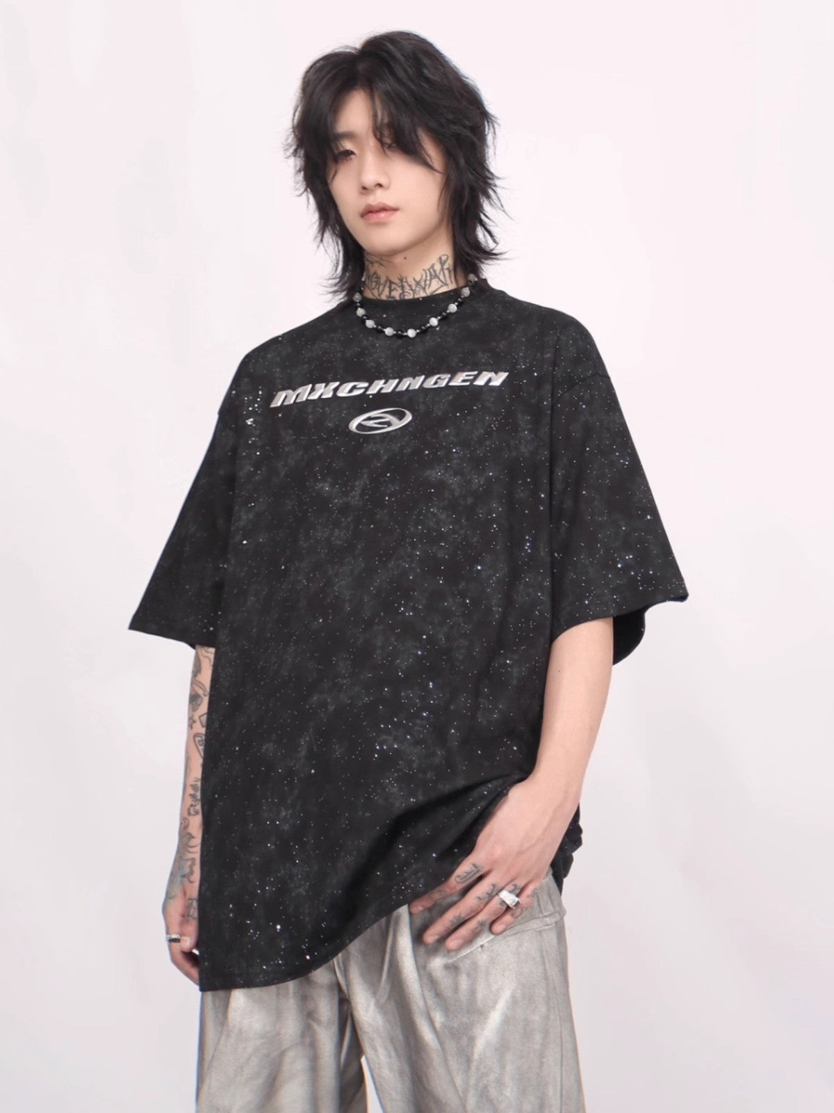 Oversize Metallic Letter Short Sleeve T-shirt WN6534