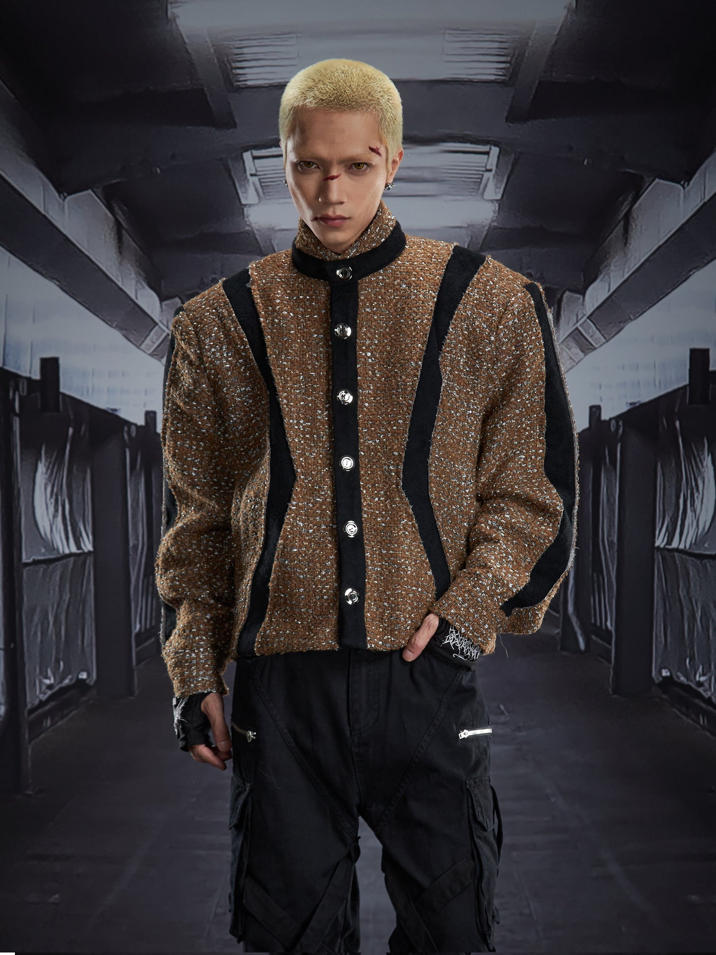 Contrast Panel Button High-Neck Padded Jacket WN22823