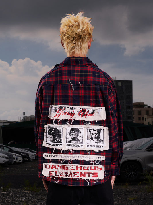 Plaid Patchwork Star Graffiti Oversize Long Sleeve Shirt WN27094