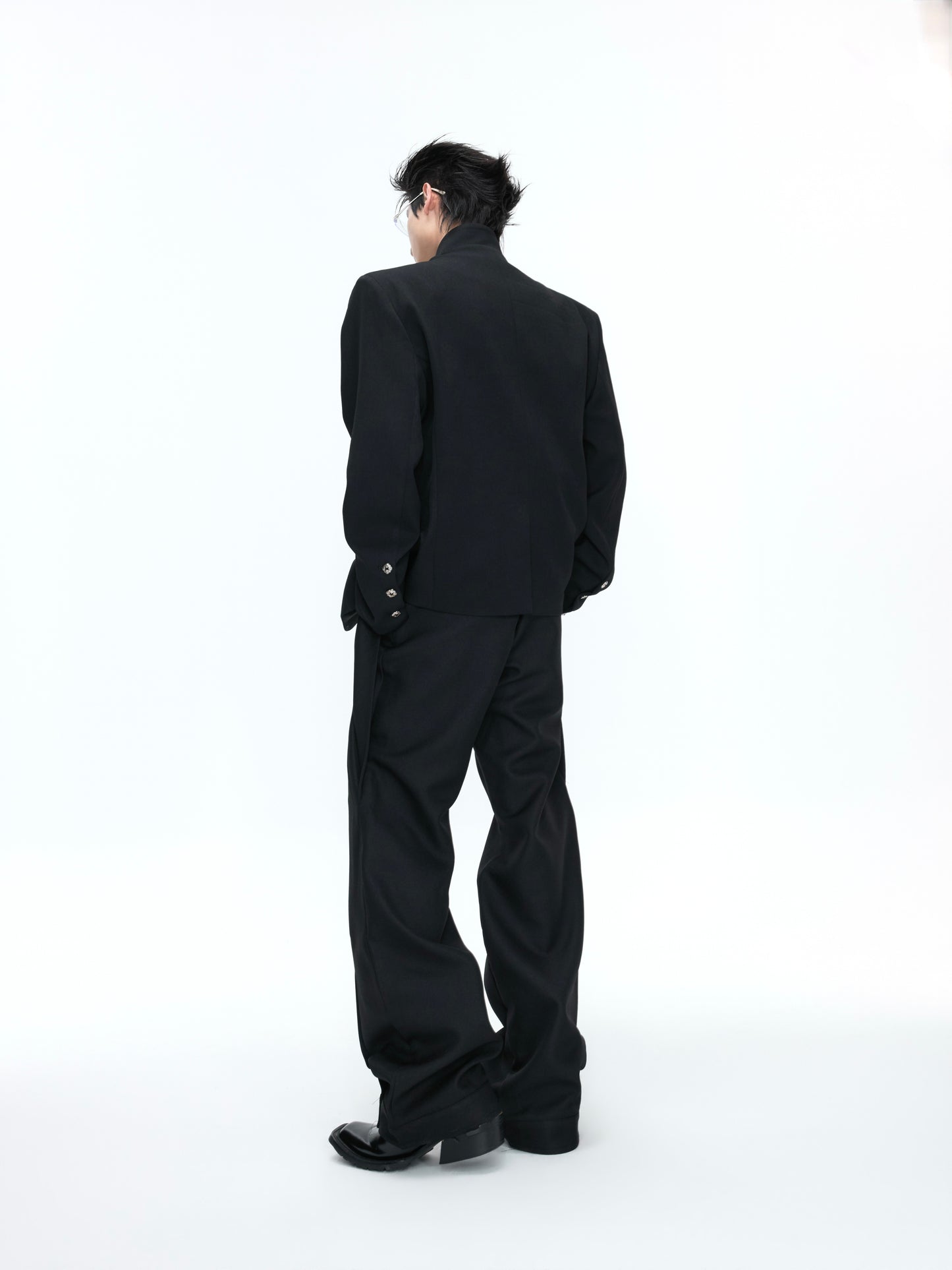 Fake Layered Stand and V-Neck Shoulder Pad Tailored Jacket & Wide Leg Trousers Setup WN26972