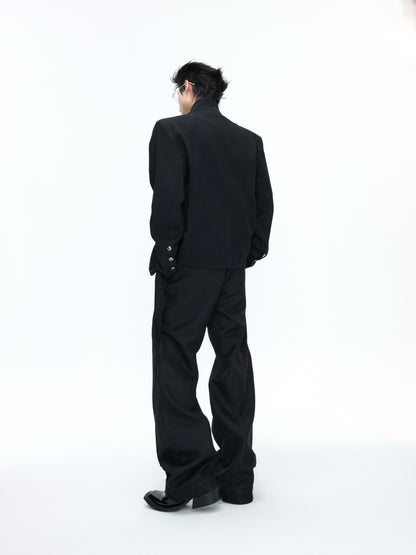 Fake Layered Stand and V-Neck Shoulder Pad Tailored Jacket & Wide Leg Trousers Setup WN26972