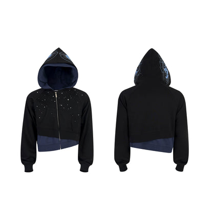 Fake Layered Art Print Rhinestone Zipper Hoodie WN21779