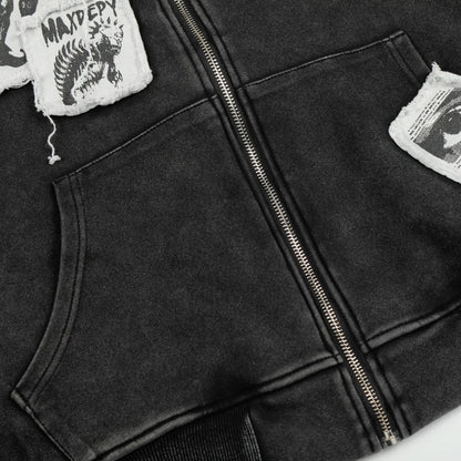 Mix Patch Graphic Washed Zipper Hoodie WN23598