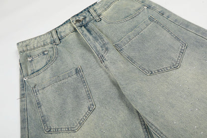 Washed Paint Pocket Wide Leg Denim Jeans WN25792