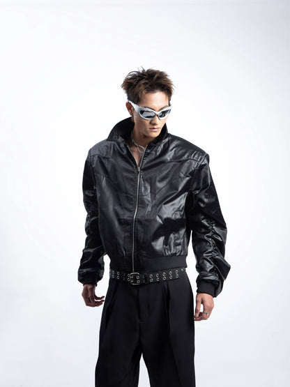 Glossy PU Leather Shoulder-Pad Jacket WN20635