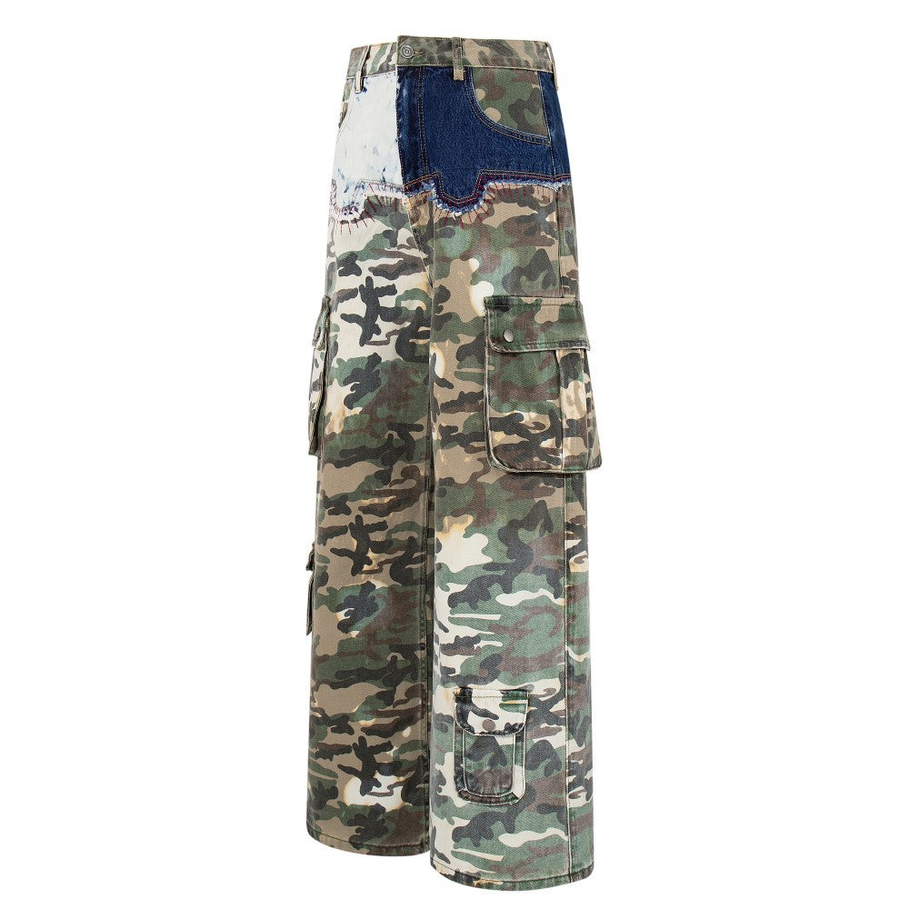 Denim Camouflage Patchwork Multi-Pocket Wide Leg Cargo Pants WN27858