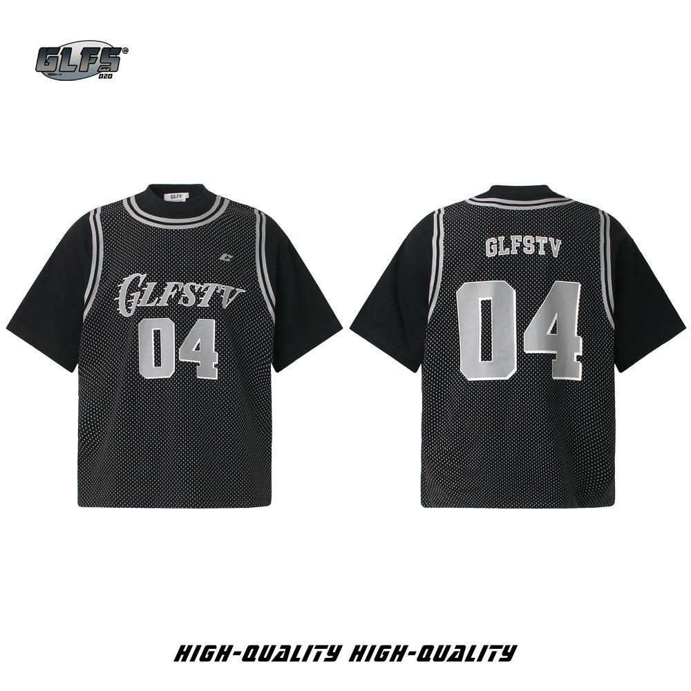 Fake Layered Mesh Number Print Short Sleeve T-Shirt WN26515