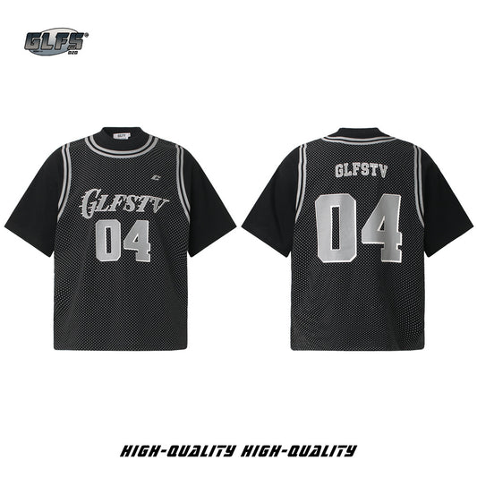 Fake Layered Mesh Number Print Short Sleeve T-Shirt WN26515