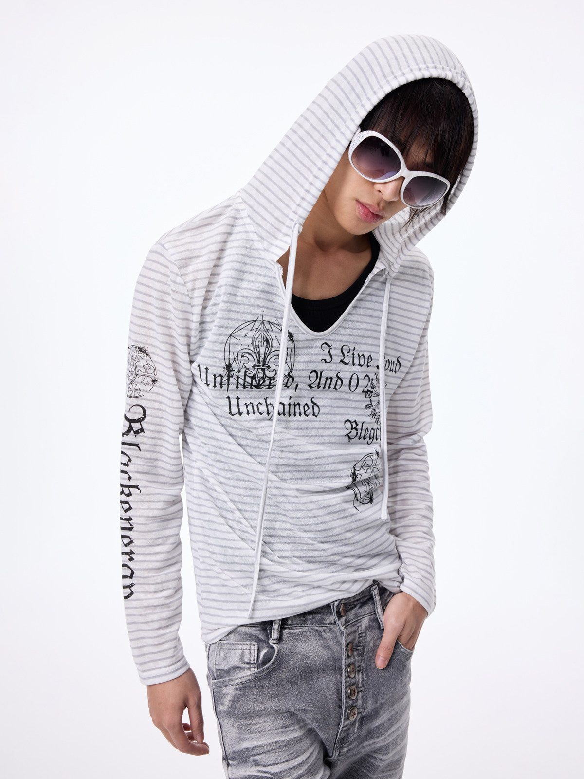 Striped Print Hooded Cropped Long Sleeve T-Shirt WN27315