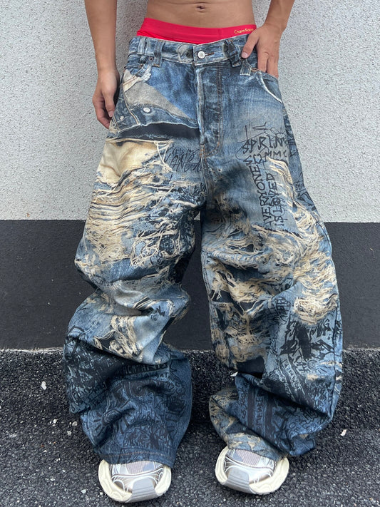 Abstract Print Wide Leg Denim Jeans WN24080