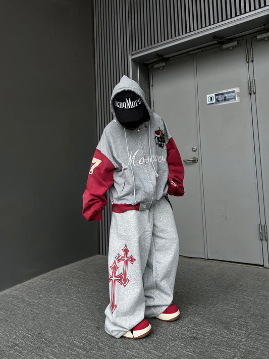 Damage Number Print Embroidery Oversize Zipper Hoodie WN24180