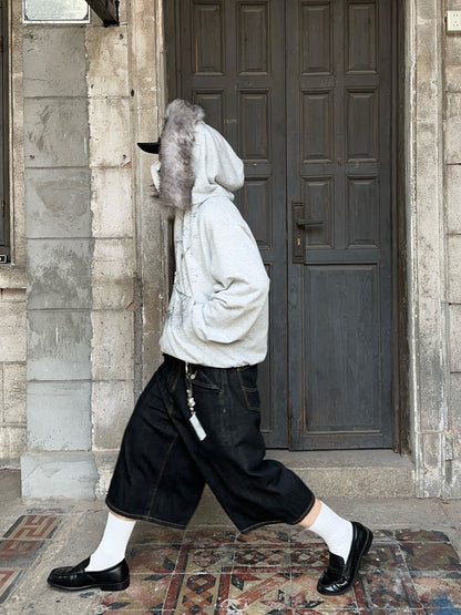 Fake Fur Hood Embroidery Oversize Pullover Hoodie WN24375