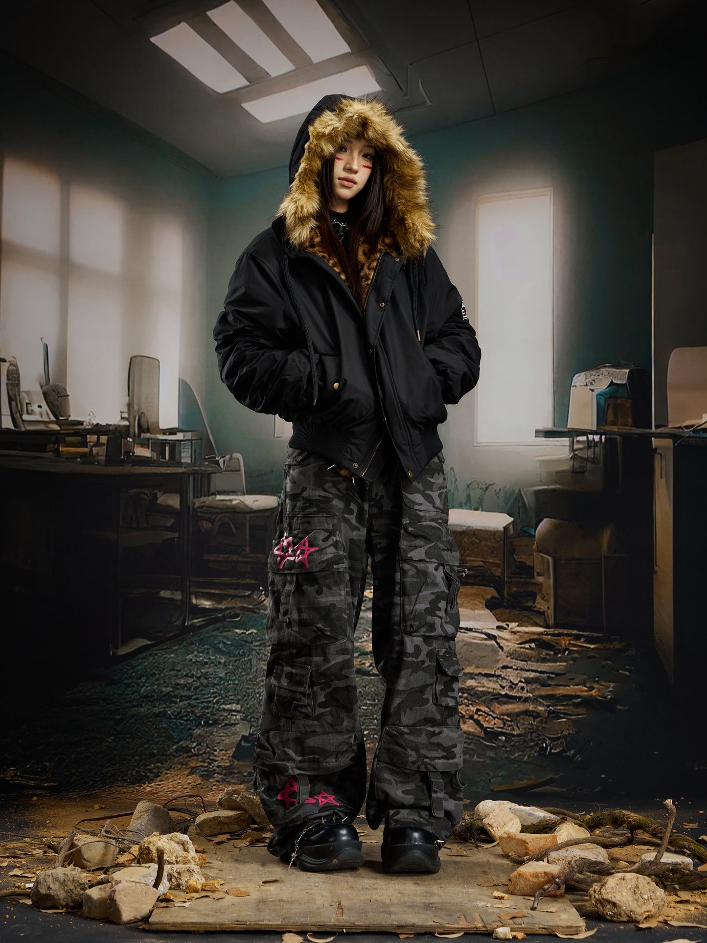 Leopard Fake Fur Hooded Padded Jacket WN22735